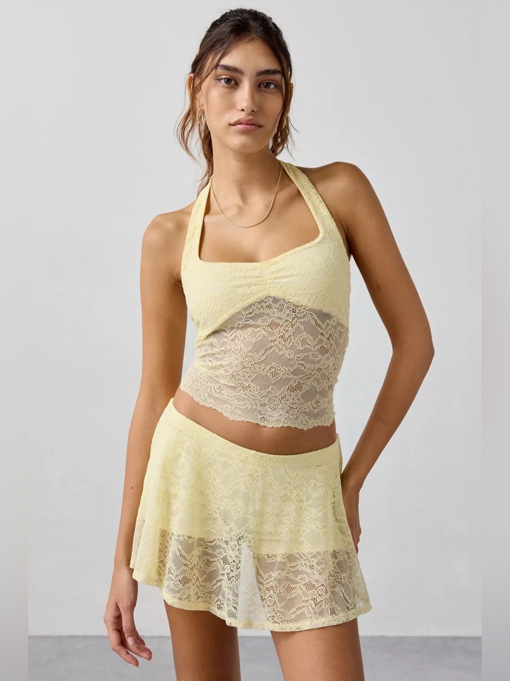 UO Out From Under Havana Semi-Sheer Lace Halter Top + Mini Skort 2-Piece Set
